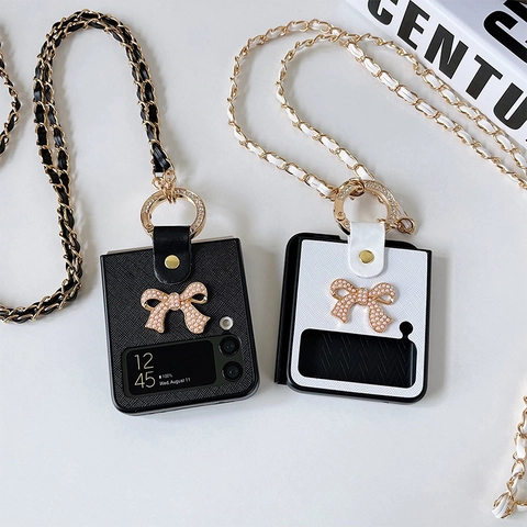 Coque De Téléphone Pliable Bandoulière Cuir PU Künstliche Perle Nœud Strass Anneau Longue Chaîne Mode Femmes