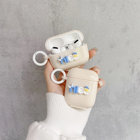 3D Nice Letter Cartoon Duck Earphone Case Soft TPU Silicone Anti-Fall Cover With Hanging Hook Cream White