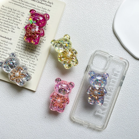 Supporto Per Telefono Orso Pieghevole Griptok Resina Glitter Con Fiore Di Metallo Perla Artificial Accessorio Per Smartphone