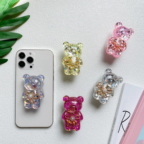 Supporto Per Telefono Orso Pieghevole Griptok Resina Glitter Con Fiore Di Metallo Perla Artificial Accessorio Per Smartphone
