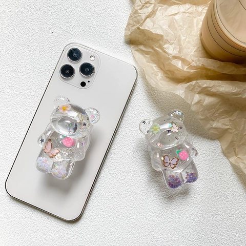 Supporto Telefono Orso Resina Trasparente Glitter Stile Ins Coreano Carino Impugnatura Espandibile Con Farfalla Fiore