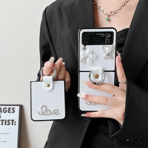 Funda Plegable Para Teléfono De Lujo Con Pedrería Perla Artificial Flor Oso Soporte De Anillo Cuero PU PC