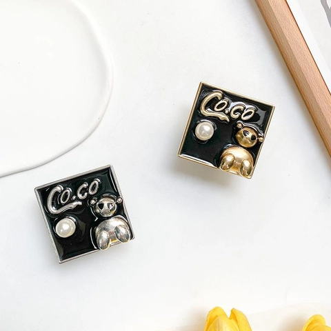 Square Phone Grip Holder Alloy Bear Artificial Pearl Black Enamel Electroplated Metal Adhesive Finger Ring For Smartphone Luxury
