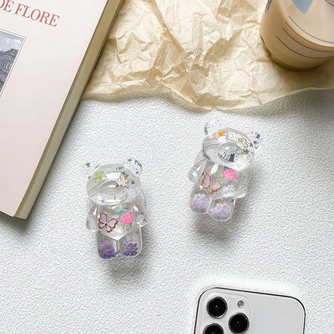 Supporto Telefono Orso Resina Trasparente Glitter Stile Ins Coreano Carino Impugnatura Espandibile Con Farfalla Fiore