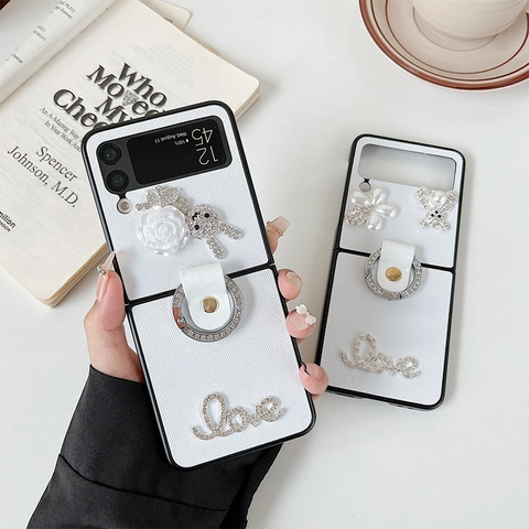 Funda Plegable Para Teléfono De Lujo Con Pedrería Perla Artificial Flor Oso Soporte De Anillo Cuero PU PC
