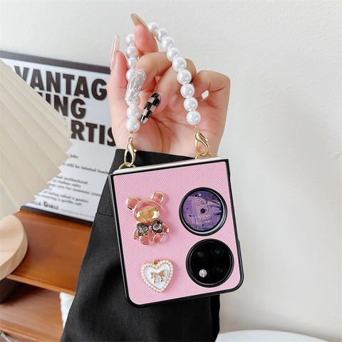 Coque De Téléphone Pliable En Cuir PU Avec Chaîne En Künstliche Perles Coeur Noeud Ours Strass Luxe Élégant Pour Femmes