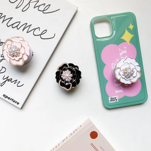 Supporto Per Telefono Fiore Di Camelia Elegante Perla Artificial Sintetica Strass Supporto Estensibile Lusso Metallo