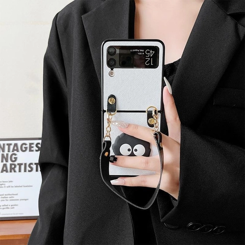 Foldable Phone Case Crossgrain PU Leather Cute Cartoon Mascot Decor With Hand Strap Protective Cover For Folding Smartphones
