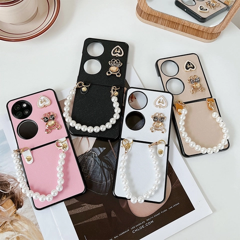 Coque De Téléphone Pliable En Cuir PU Avec Chaîne En Künstliche Perles Coeur Noeud Ours Strass Luxe Élégant Pour Femmes