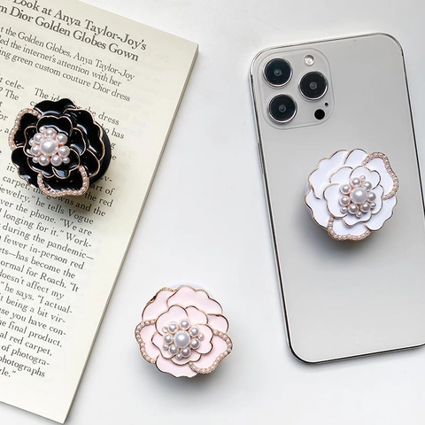 Supporto Per Telefono Fiore Di Camelia Elegante Perla Artificial Sintetica Strass Supporto Estensibile Lusso Metallo
