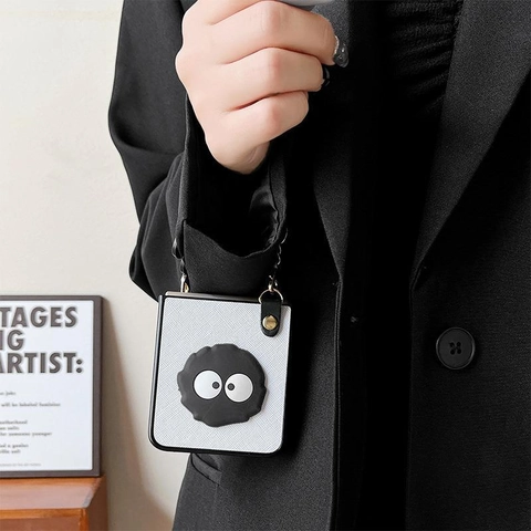 Foldable Phone Case Crossgrain PU Leather Cute Cartoon Mascot Decor With Hand Strap Protective Cover For Folding Smartphones
