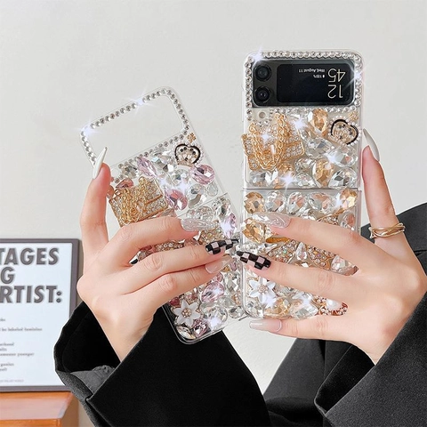Luxury Handmade Rhinestone Butterfly Bow Phone Case Transparent Acrylic Hard Cover With Mini Bag Charm For Folding Phone