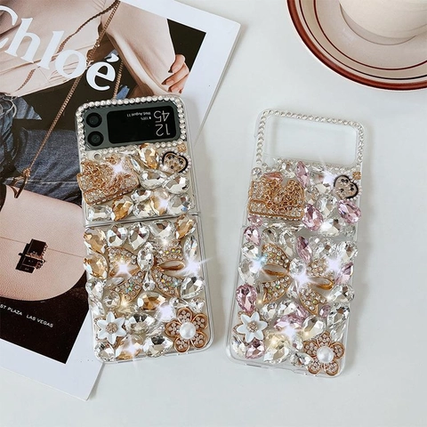 Luxury Handmade Rhinestone Butterfly Bow Phone Case Transparent Acrylic Hard Cover With Mini Bag Charm For Folding Phone