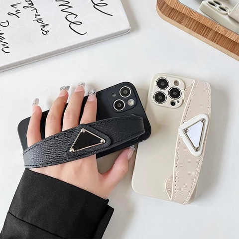 Phone Case With Wrist Strap Saffiano Texture Leather Triangular Metal Decoration Luxury Anti-drop Protective Cover