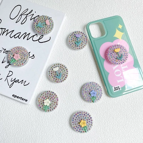 Tulip Flower Rhinestone Phone Grip Holder Bling Collapsible Round Hand Grip Bracket Cute Portable Expandable Stand For Women
