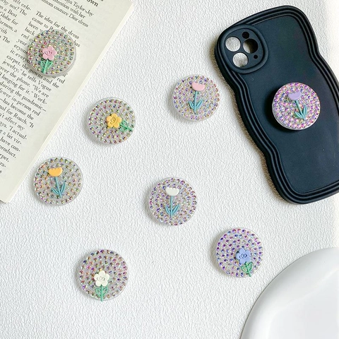 Tulip Flower Rhinestone Phone Grip Holder Bling Collapsible Round Hand Grip Bracket Cute Portable Expandable Stand For Women