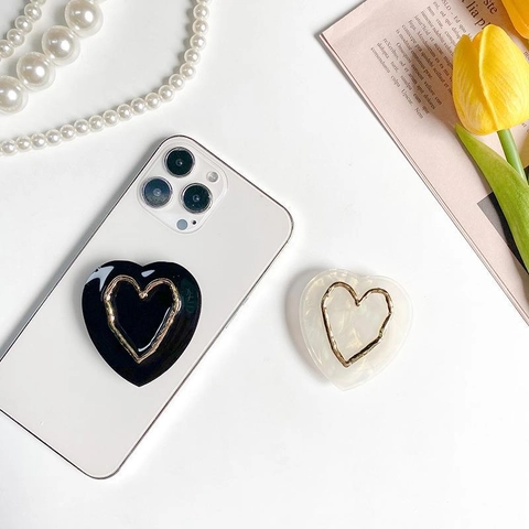 Heart Shaped Phone Socket Grip Expandable Stand Resin Metal Marble Texture Finger Ring Holder Adhesive Universal Desktop
