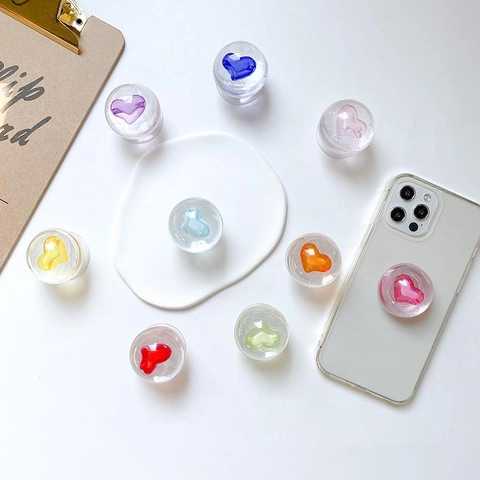 Transparent Heart Cell Phone Grip Expanding Stand 3D Crystal Ball Resin Phone Holder For Desk Finger Grip Handheld