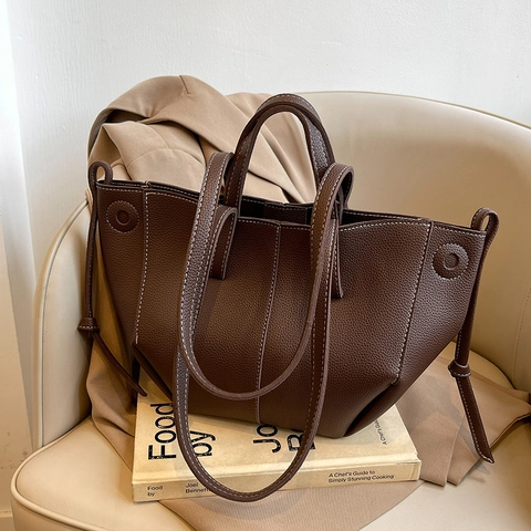 Large Capacity Tote Bag Pebble Grain PU Leather White Contrast Stitching Dual Handles Minimalist Underarm Shoulder Bag