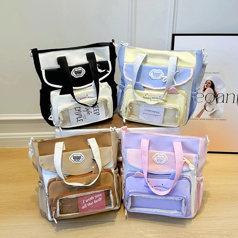 Women Nylon Tote Bag Contrast Color Cat Ear Design Large Capacity Student School Shoulder Handbag Casual Crossbody