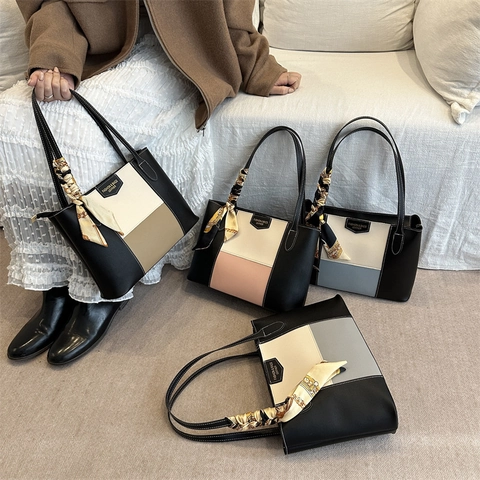 Borsa Tote Da Donna A Contrasto Di Colore Pelle PU Grande Capacità Borsa A Spalla Con Sciarpa Di Raso Elegante