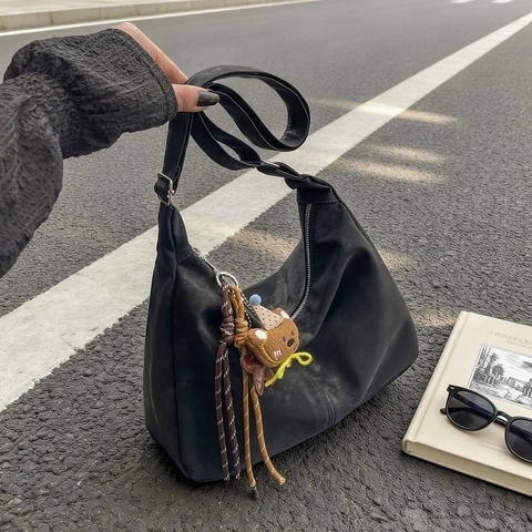 Borsa A Spalla Da Donna Texture Scamosciata PU Opaca Grande Capacità Borsa Hobo Moda Minimalista