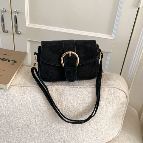 Borsa Quadrata Piccola da Donna in Stile Coreano in Pelle PU Effetto Scamosciato con Grande Fibbia Rotonda Dorata a Tracolla