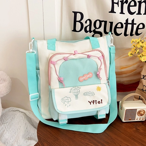 Bolso Tote de Nailon de Estilo Japonés Color de Contraste Gran Capacidad Bolso de Bandolera para Escuela Mujer Estudiantes