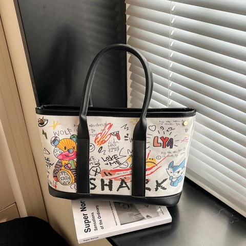 Damen Graffiti Print Canvas Tote Bag Große Kapazität Streetwear Eimer Schultertasche Trendy Casual