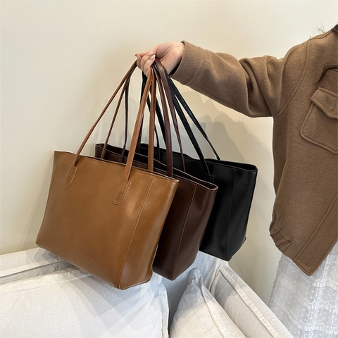 Grand Sac À Main En Cuir PU Femme Sac Fourre-Tout Minimaliste Rétro Sac À Épaule Pour Bureau Quotidien Style Coréen