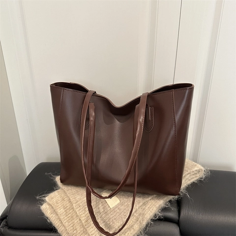 Grand Sac À Main En Cuir PU Femme Sac Fourre-Tout Minimaliste Rétro Sac À Épaule Pour Bureau Quotidien Style Coréen