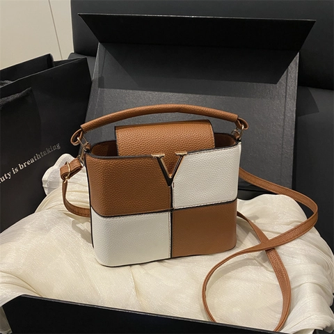 Borsa A Tracolla Da Donna In Pelle PU Patchwork Motivo Lychee Borsa A Mano Elegante Fibbia In Metallo V Dorata Da Lavoro