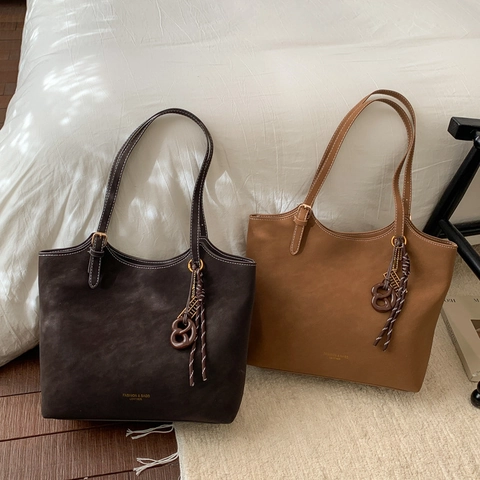 Vintage Σουέτ PU Δερμάτινη Τσάντα Tote Μεγάλη Χωρητικότητα Μινιμαλιστική Τσάντα Ώμου Με Αντίθεση Ραφών Για Γυναίκες