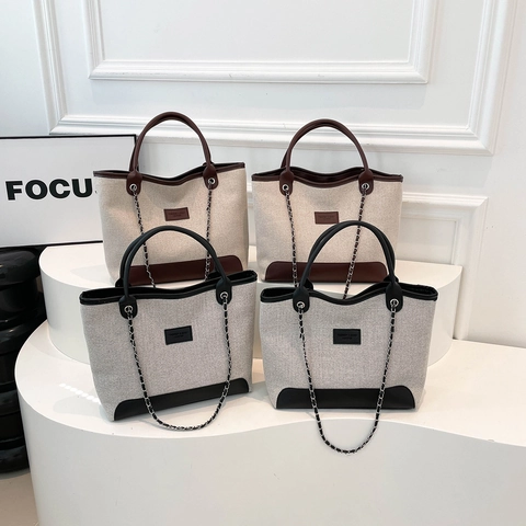 Große Damen Tote Bag Canvas PU Leder Patchwork Schultertasche Mode Kette Riemen Lässig Büro Handtasche