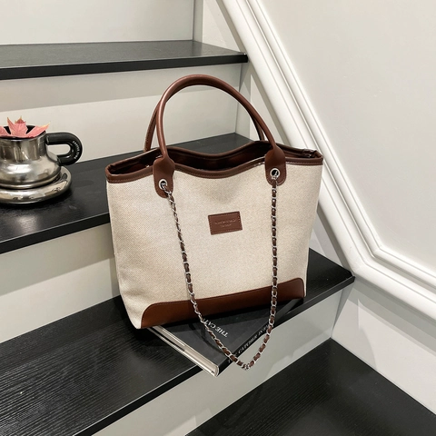 Große Damen Tote Bag Canvas PU Leder Patchwork Schultertasche Mode Kette Riemen Lässig Büro Handtasche