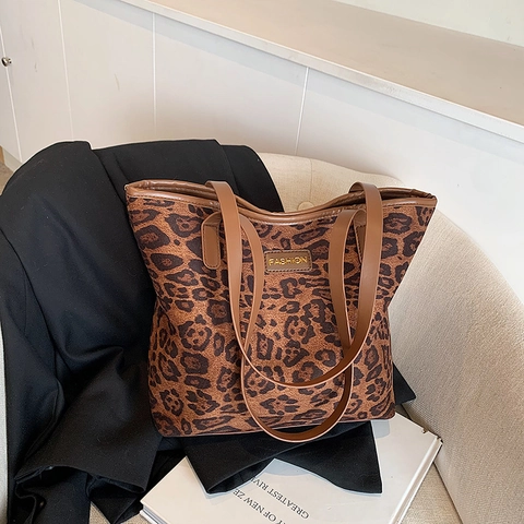 Borsa Tote Stampa Leopardata Pelle PU Grande Capacità Borsa A Spalla Vintage Per Donne Pendolare Scuola