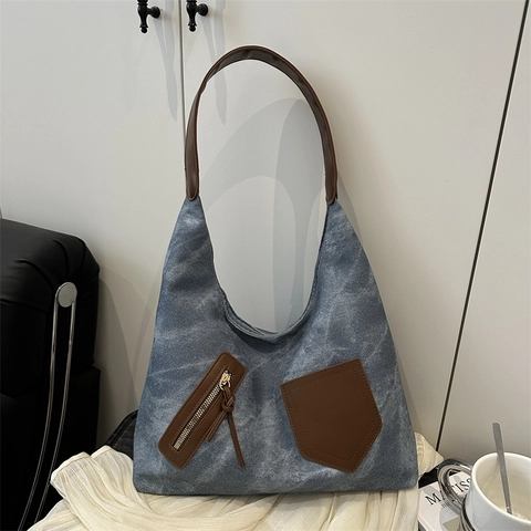 Borsa Hobo Retro Grande Capacità Per Donna Borsa A Tracolla In Pelle PU Lavata Con Tracolla A Contrasto E Tasche