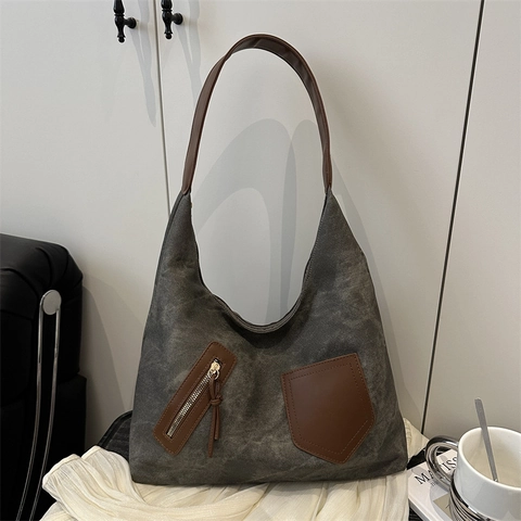 Bolso Tote de Lona Retro Bolso de Hombro Bloque de Color Detalles de Cuero para Mujer Oficina Viaje Diario Gran Capacidad Hobo