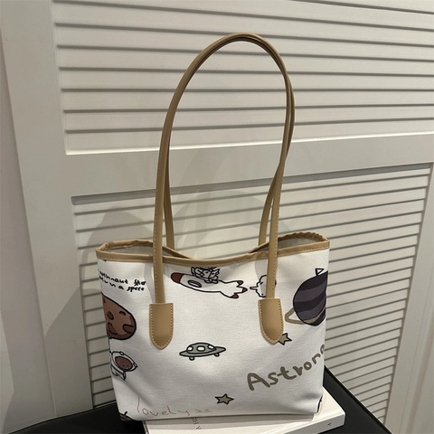 Dames Tote Bag Grote Capaciteit Canvas PU Street Graffiti Astronaut Beer Print Schoudertas Met Wolk Hanger