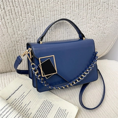 Women Crossbody Bag PU Leather Geometric Metal Buckle Fashion Small Square Handbag With Chain Strap Shoulder Bag