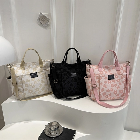 Sac Cabas En Toile À Imprimé Fleuri Grande Capacité Multi-Poches Sac À Bandoulière Décontracté Mode Pour Femmes
