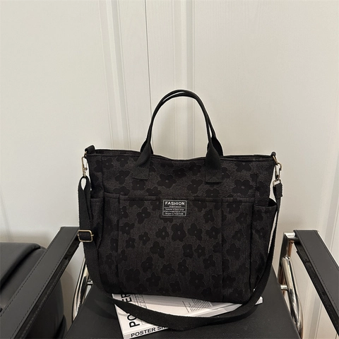 Sac Cabas En Toile À Imprimé Fleuri Grande Capacité Multi-Poches Sac À Bandoulière Décontracté Mode Pour Femmes