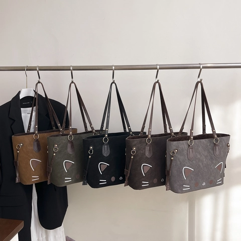 Sac Cabas Rétro Femmes Motif Chat Dessin Animé Grande Capacité Texture Daim Cuir PU Sac À Épaule Commuter Casual