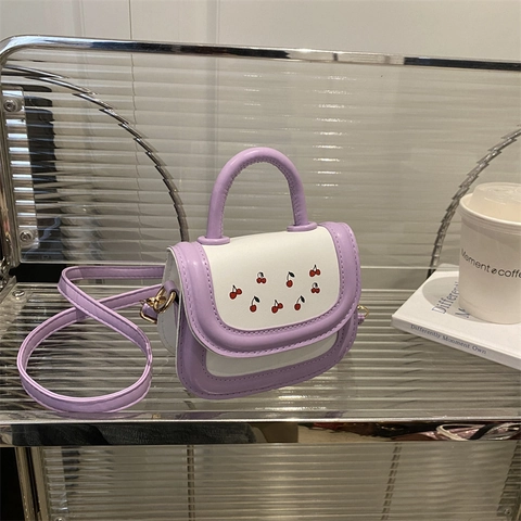 Mini Sac Bandoulière En Simili Cuir Motif Cerise Poignée Color Block Petit Sac À Main Pour Femmes Filles Mignon