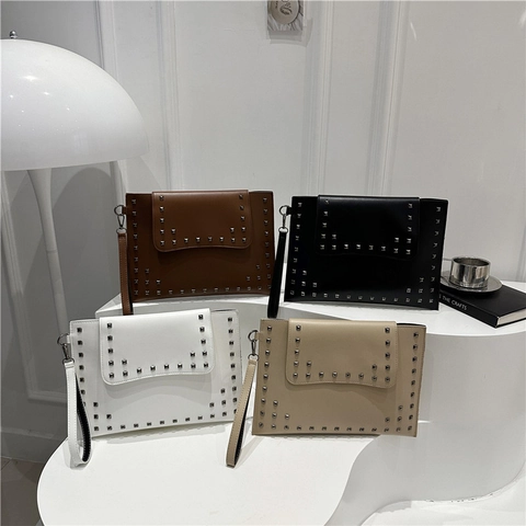 Vintage PU Lederen Envelop Clutch Tas Voor Dames Punk Stijl Grote Handtas Met Polsband Magnetische Sluiting