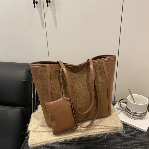 Suède Tote Bag Met Luipaardprint En Bijbehorend Tasje Grote Capaciteit Schoudertas Magnetische Sluiting Vintage Voor Dames