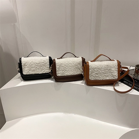 Bolso Bandolera Vintage De Cuero PU Y Lana De Cordero Para Mujer Pequeño Bolso De Mano Cuadrado Otoño Invierno Color Contraste