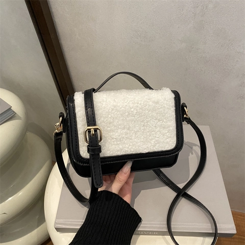 Bolso Bandolera Vintage De Cuero PU Y Lana De Cordero Para Mujer Pequeño Bolso De Mano Cuadrado Otoño Invierno Color Contraste