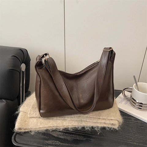 Bolso Hobo Vintage de Cuero PU de Gran Capacidad Tote para Mujer Desplazamiento Retro Bolso de Hombro Con Diseño de Puntadas