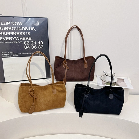 Bolso Tote De Gamuza Retro Gran Capacidad Mujeres Bolso De Hombro Color Sólido Con Correas De Cuero Sintético